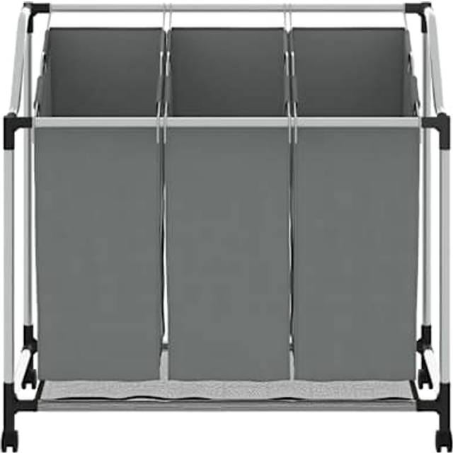 vidaXL Laundry Basket with Wheels 3 Compartments Grey