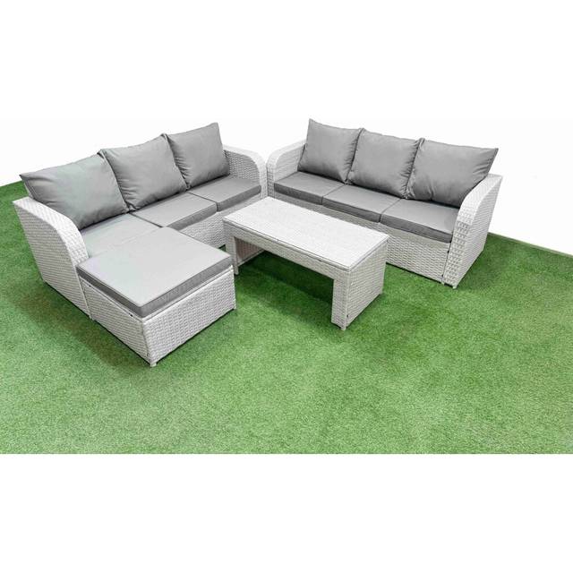 Fimous Outdoor Garden Furniture Sets 7 Seater Wicker Rattan Furniture Sofa Sets with Oblong Coffee TableBig Footstool Light Grey