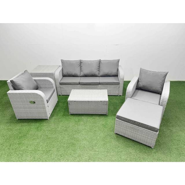 Pe Rattan Garden Furniture Set Reclining Chair Sofa Lounge Sofa Set Oblong Coffee Table Side Table Big Footstool Light Grey - Fimous