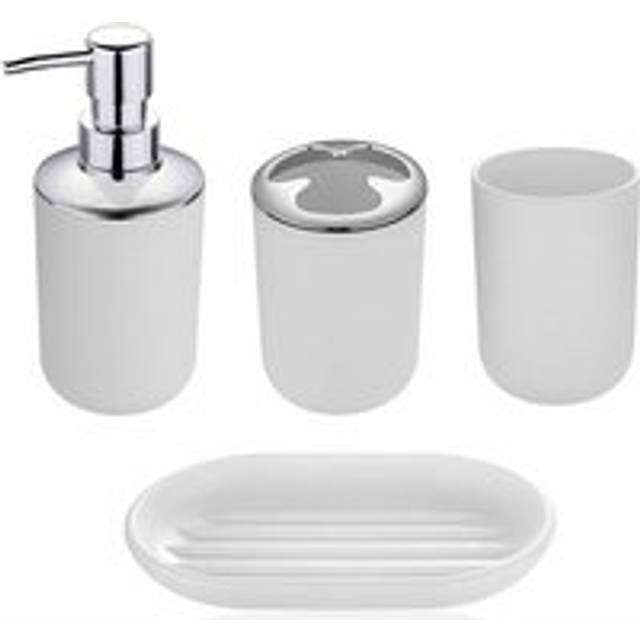 Modern Design 4 Piece Bathroom Accessories Set Lotion Bottles, Toothbrush Holder, Tooth Cup, Soap Dish, White-Four