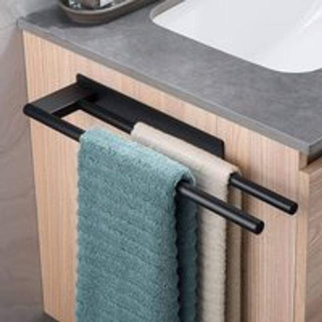 Cyslmuk - Black Bathroom Towel Rack No Drilling, Double Towel Bar 304 Stainless Steel Viscose Wall Mounted Two Arms