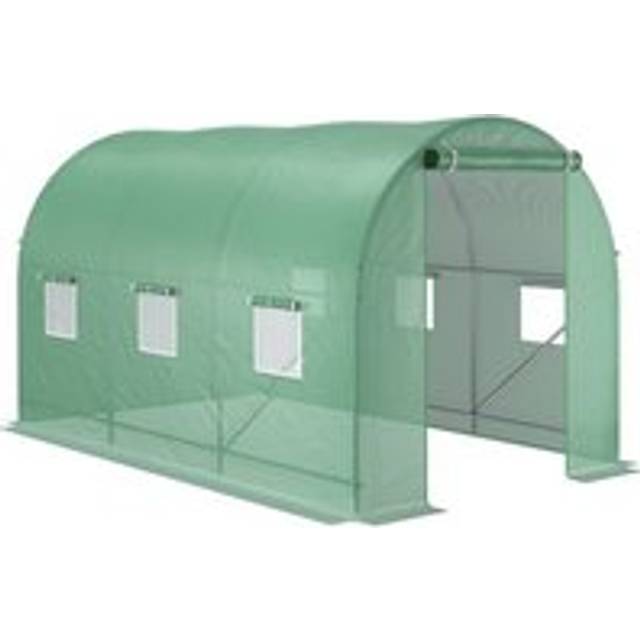 Outsunny 3.5 X 2M Walk-In Polytunnel Greenhouse With Steel Frame Pe Cover Roll-Up Door And 6 Windows Green