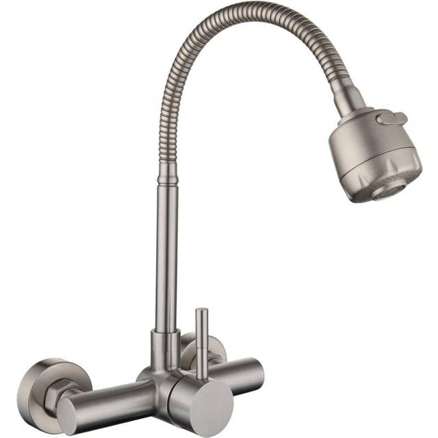 Cyslmuk - 304 Stainless Steel Wall Mounted Kitchen Faucet Mixer Tap 360° Swivel Sink Faucet with Flexible Hose-Brushed