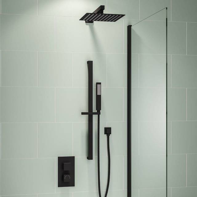 Square Shower Bundle with Shower Head, Valve, Round Riser Kit & Handset - Black with Chrome