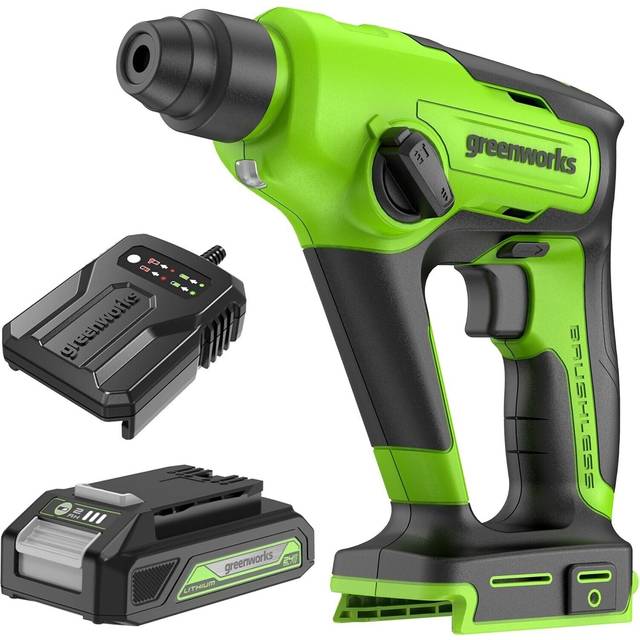 Greenworks 24V Brushless Rotary Hammer Drill Cordless SDS-Plus Heavy Duty 4-Mode Selector Anti-Vibration Handle Built-in LED Light Impact Energy 1.2