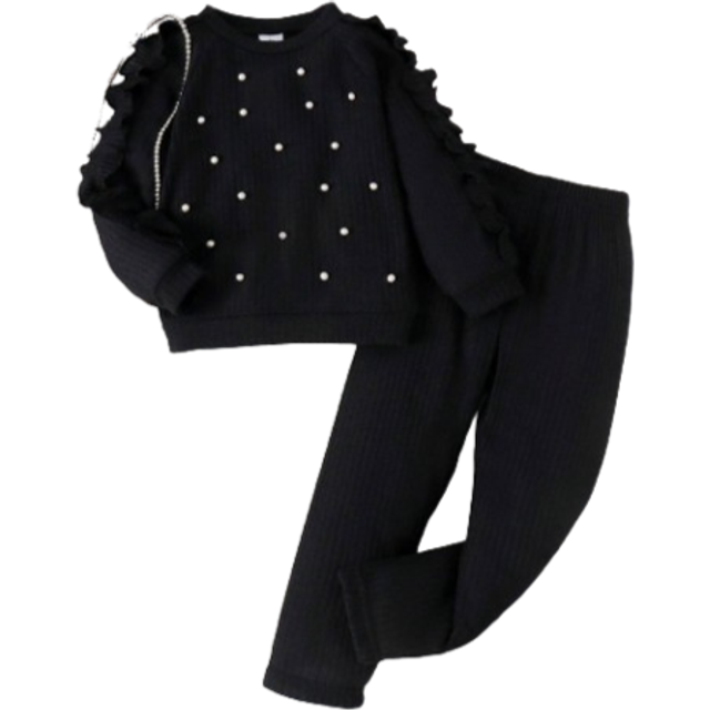 SHEIN 2pcs/Set Young Girl Casual Knitted Solid Color Long Sleeve Top With Pleated Lace & Beaded Detailing And Solid Color Pants, Spring And Autumn