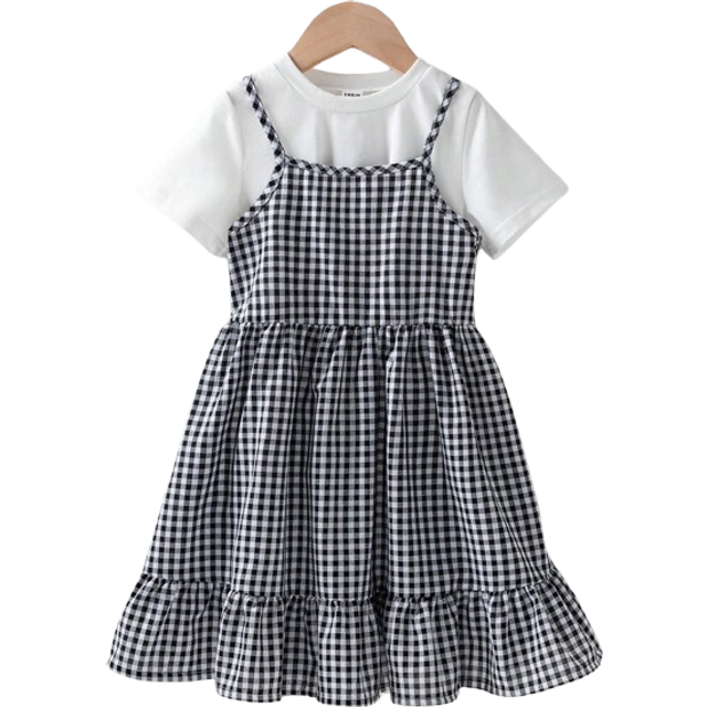 SHEIN Young Girl Black & White Plaided Spaghetti Strap Dress, 2024 Summer New Arrival, Elegant, Fashionable, Comfortable, Simple And Classic