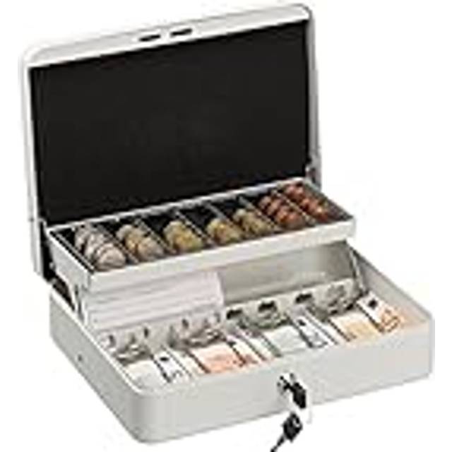 Cash Box, Coin Counter Tray Lockable Portable Change & Notes, h x w x d: 8.5 x 30.5 x 24.5 cm, Iron, White - Relaxdays