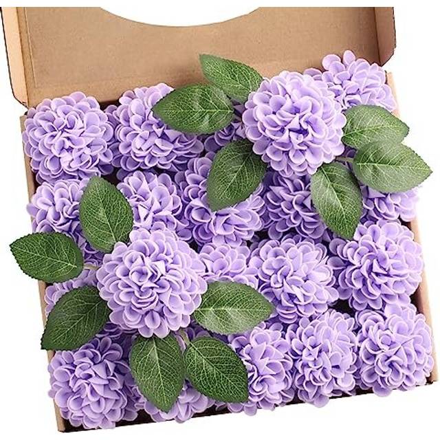 Artificial Dahlia Flowers 20pcs Purple Fake Foam Roses with Leaves and Stems, DIY Dahlia Foam Flower for Wedding Bouquets Floral Centerpieces