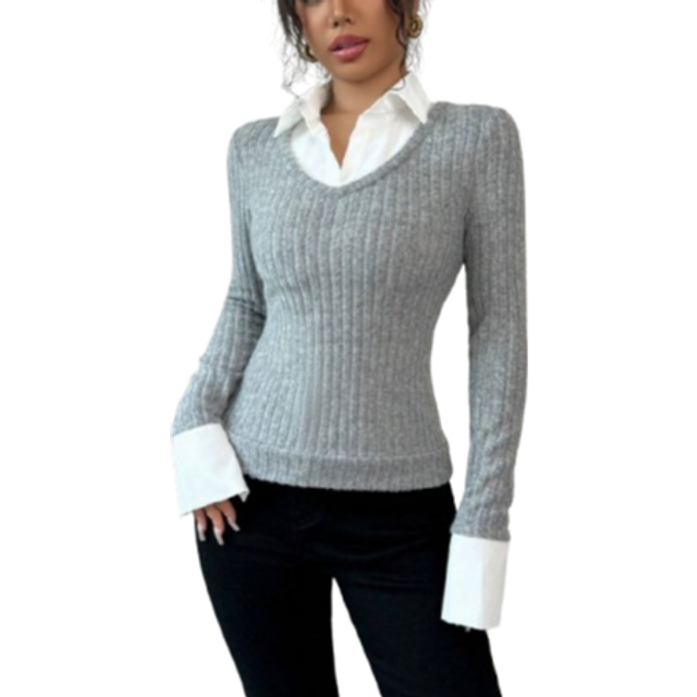 Gloray College Style Polo Collar Splice 2 In 1 Long Sleeve T-Shirt, Women&#39;s Slim Fit Pullover Top, Autumn/Winter New Arrivals For Spring Outfit