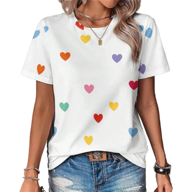 Luneh Casual Simple Color Heart Pattern Round Neck Fitted Women Short Sleeve T-Shirt, Suitable For Summer Pullover