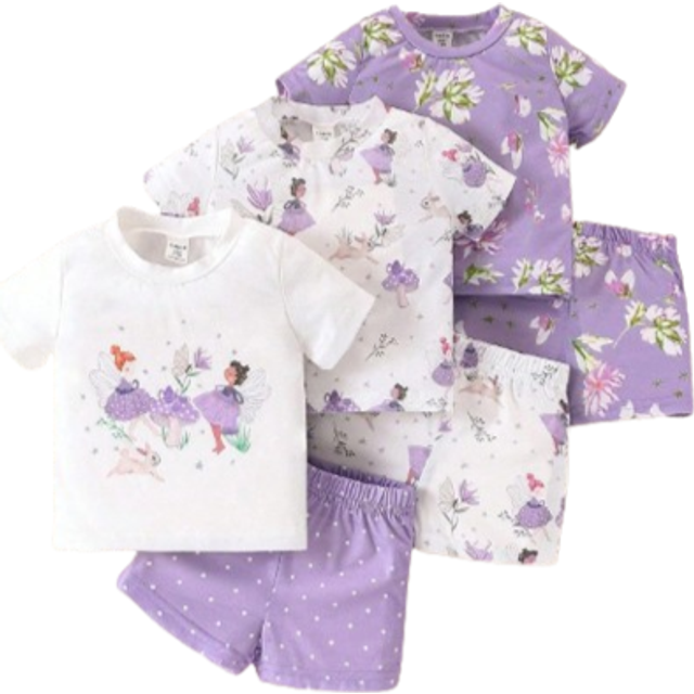 SHEIN 6pcs Baby Girls&#39; Cute And Elegant Fairy Flower Printed Short Sleeve T-Shirt And Shorts Set, Spring/Summer