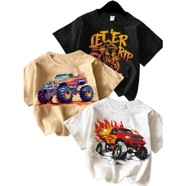 SHEIN Young Boy 3pcs Cartoon Vehicle, Monster Truck, Scooter Graphic Print Crew Neck Short Sleeve T-Shirts Set , Summer