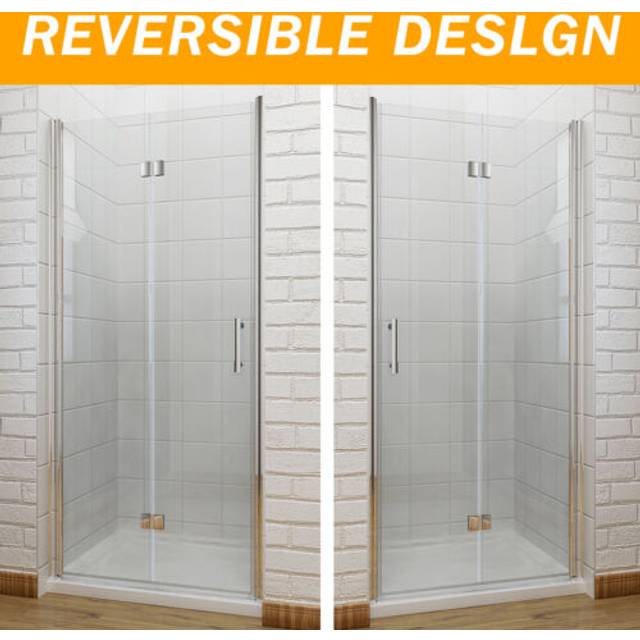 Bifold shower door frameless hinged screen& solid tray free waste tempered glass