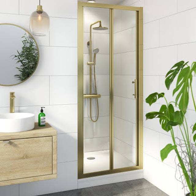 Luxura Bifold Shower Door 760mm with Raised Non Slip Tray and Waste - 6mm Brushed Brass
