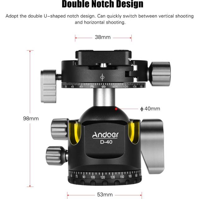 D-40 PRO Double Panoramic Head CNC Aluminum Alloy Ball Head U Notch Design Low Center of black
