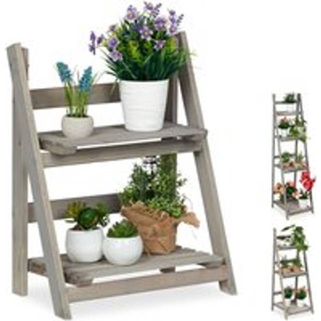 Relaxdays Multi-Tier Flower Shelf, Wooden Plant Ladder Rack, Folding, HWD: 51.5 x 41 x 24 cm, Grey