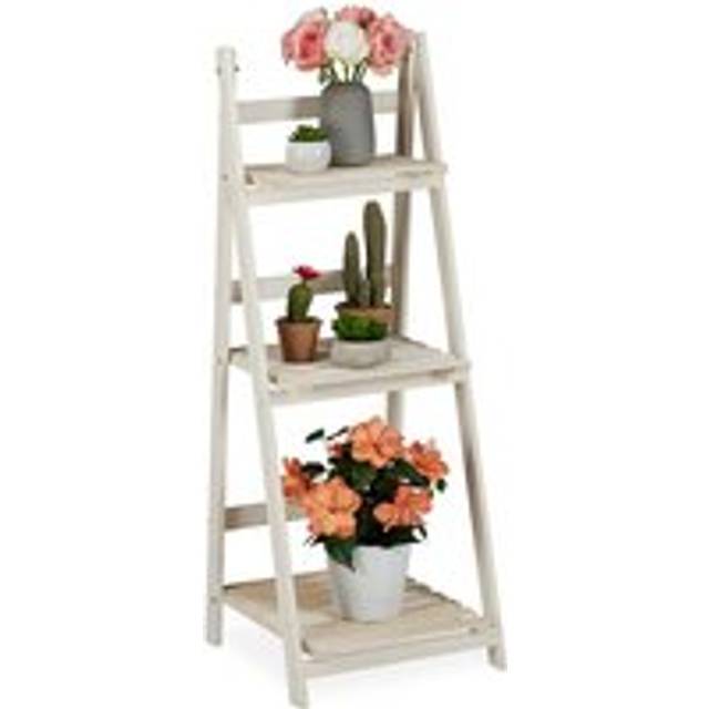Flower Ladder Rack, For Indoors & Balcony, Shabby-Chic, Standing, Folding, Plant Stand, 3 Tiers, White - Relaxdays