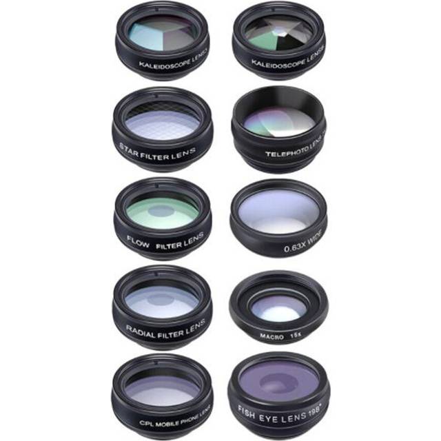 10-In-1 Smartphone Lens Kit - 15X Macro Lens, 0.63X Wide Angle Lens, 198-Degree Fisheye Lens, X2 Telescopic Lens , Filters