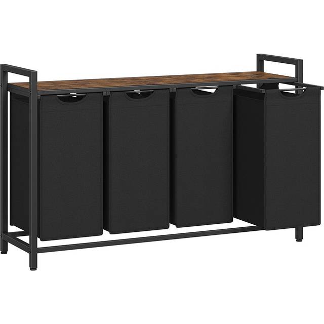 Laundry Basket with 3 Pull-Out and Removable Bags, Rustic Brown + Black / 4-Compartment