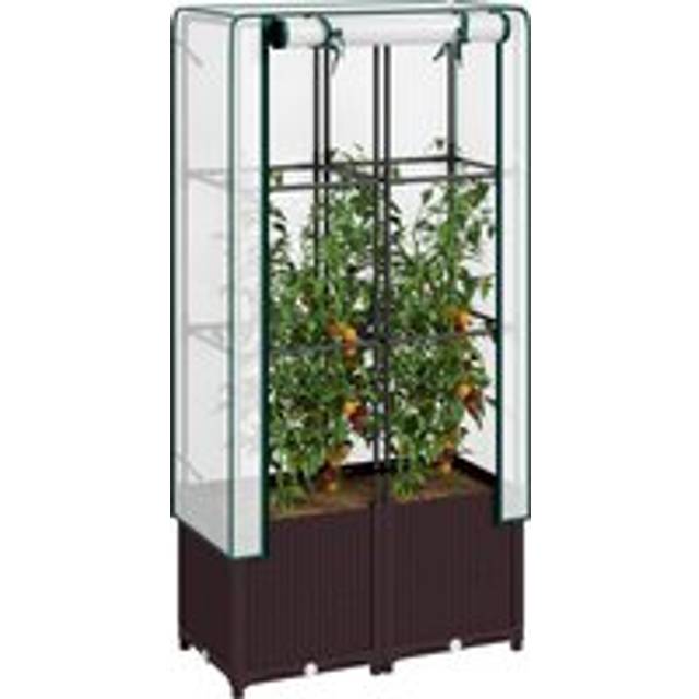 Outsunny Raised Garden Bed with Trellis, Plastic Planter Box with Drainage Holes and Drain Plugs for Climbing Plants, Flowers, 80 x 40 x 140cm
