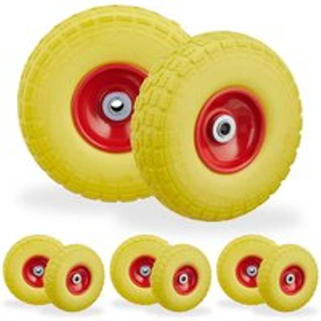 Set of 8 Relaxdays Wheelbarrow Tyres, Puncture-Proof Solid Rubber, 4.1/3.5-4", 16 mm Axle, Spare Wheel, Yellow/Red