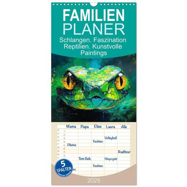 Familienplaner 2025 - Schlangen. Faszination Reptilien. Kunstvolle Paintings mit 5 Spalten (Wandkalender, 21 x 45 cm) CALVENDO: Die mystische Schönheit der Schlangen im Ölgemälde-Stil