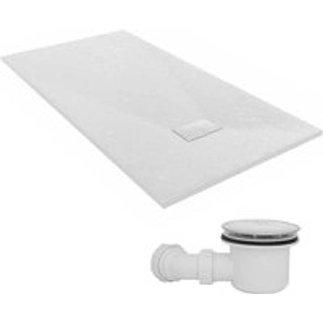 1700 x 900mm smc White Rectangle Slate Effect Bathroom Shower Tray & Fluidmaster Fast Flow Waste Trap - NRG