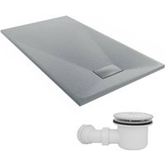 NRG - 1400 x 800mm smc Anthracite Rectangle Slate Effect Bathroom Shower Tray & Fluidmaster Fast Flow Waste Trap