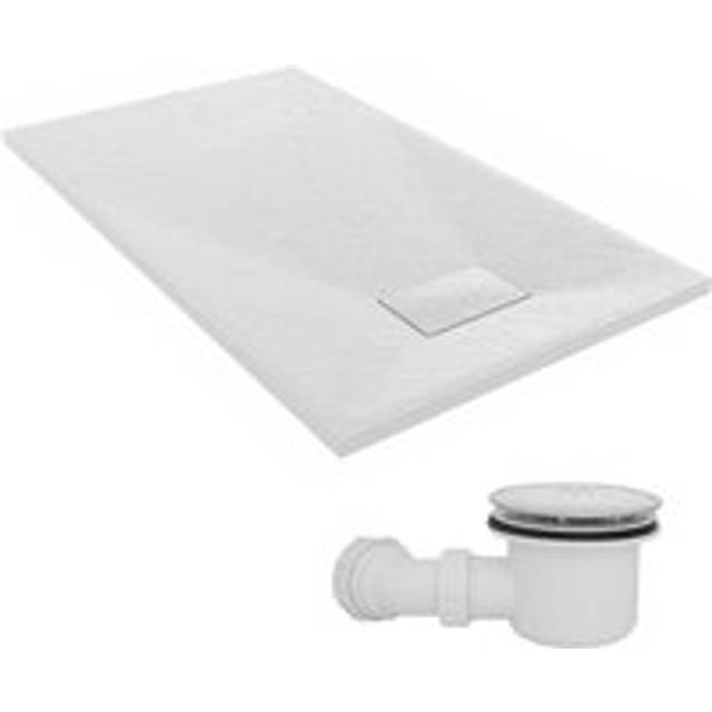 NRG - 1200 x 700mm smc White Rectangle Slate Effect Bathroom Shower Tray & Fluidmaster Fast Flow Waste Trap