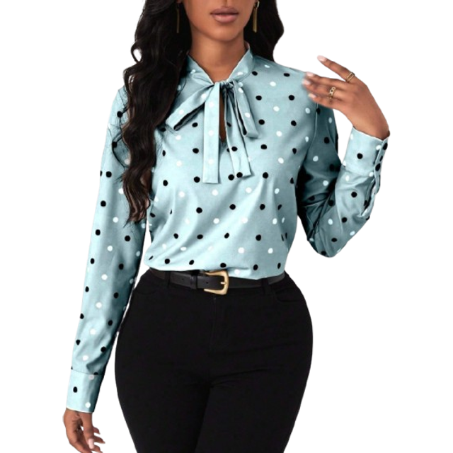 Lyxana Women&#39;s Spring/Autumn Polka Dot Print Tie-Neck Long Sleeve Elegant Office Shirt,Long Sleeve Tops