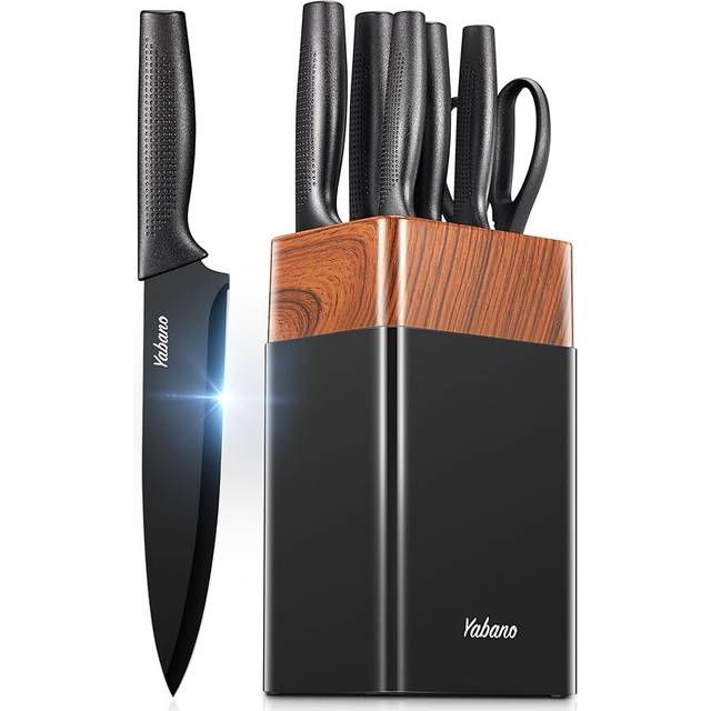 7 Pieces Kitchen Knife Set with Universal PE Knife Block, Knife Block Set with Built-in Sharpener, Black Kitchen Knives for Chopping, Slicing