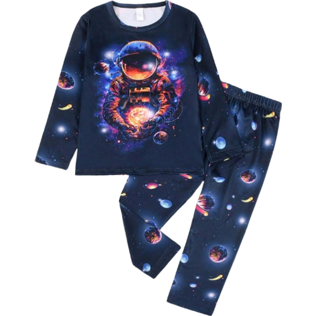 SHEIN 2pcs/Set Young Boy Crew Neck Space Astronaut Print Pajama Set, Kids Loungewear Outfit