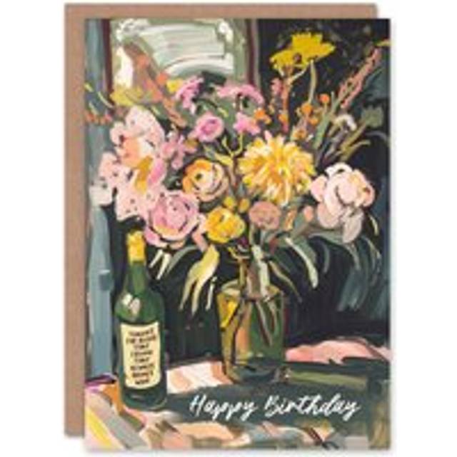 Artery8 Birthday Card Thank You Wine Friend Flower Bouquet Painting in Pink