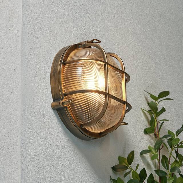 Mika Outdoor Caged Round Bulkhead Wall Light, Gold