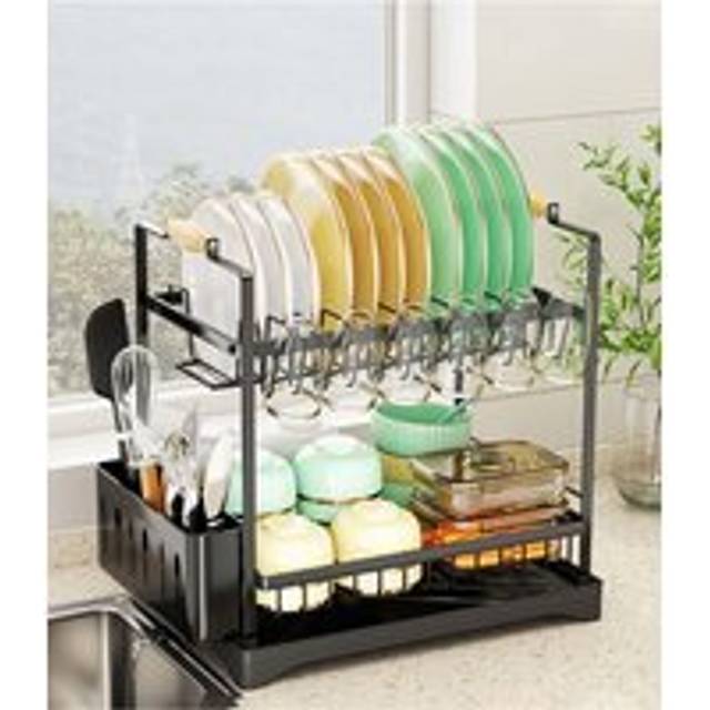 2-Tier Dish Drying Rack Plate Cup Drainer with Detachable Drainboards & Kitchenware Holder - Black - One Size