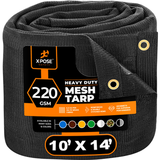 Xpose Safety Heavy Duty Mesh Tarp - 10x 14Multipurpose Black Protective Cover with Air Flow - Use for Tie Downs  Shade  Fences  Canopies  Dump Trucks