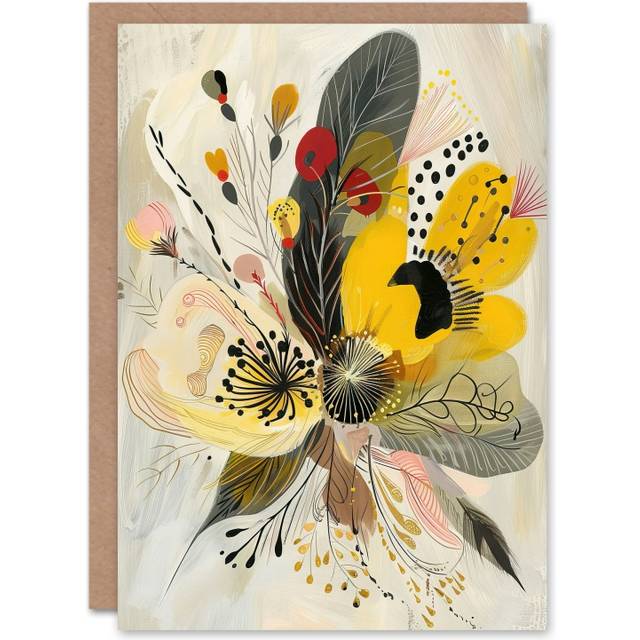 Artery8 Abstract Flower Bouquet Muted Tones Folk Art Birthday Art Card in Beige