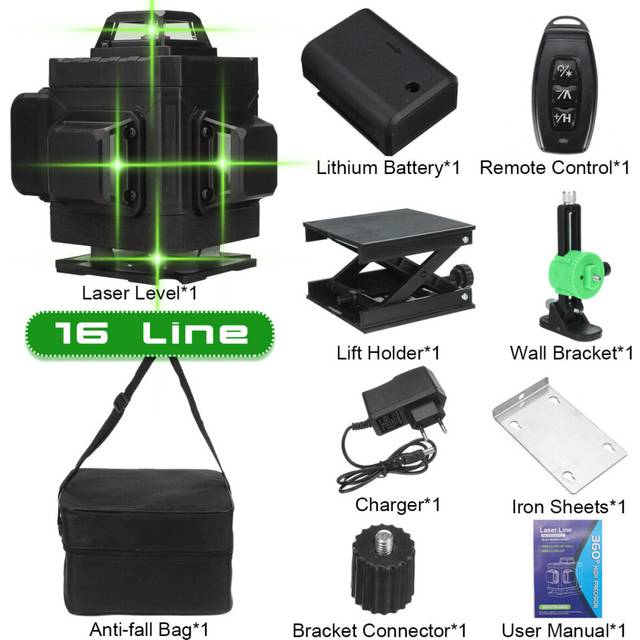 (16 line) 16/12/8 Line 360 4D Horizontal Vertical Cross Green Light Laser Level Self-Leveling Measure Super Powerful Laser Beam