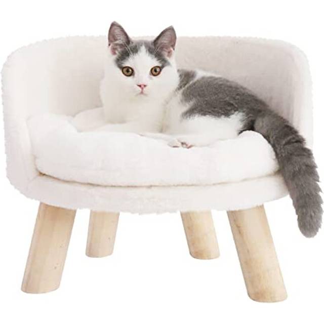 BingoPaw Cat Sofa Chair Bed: Elevated Nordic Pet Stool Bed with Removable Waterproof Mat - Raised Plush Fur Dog Kitten Couch with Wooden Legs Frame