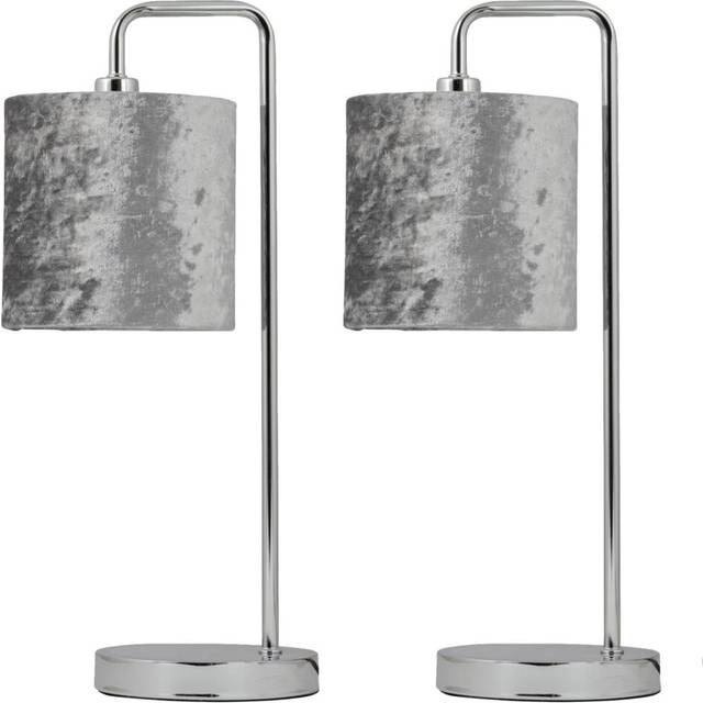 Set of 2 Chrome Arched Table Lamps with Grey Crushed Velvet Shades