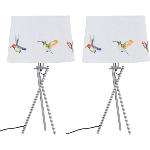 Set of 2 chrome tripod 53cm table lamps bedside lights linen bird print shades