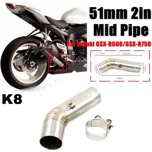 (K8) 51mm Mid Exhaust Link Middle Connect Muffler Pipe Stainless Steel For Suzuki GSX R600 R750 K6/K7/K8 Motorcycle