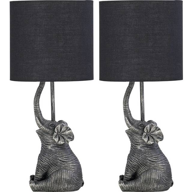 Set of 2 Elephant - Black Resin Table Lamps With Black Fabric Shades