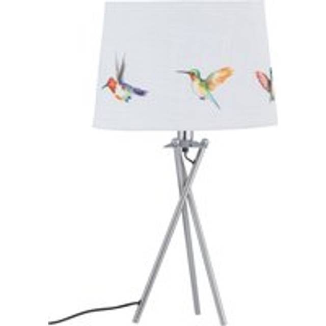 Modern chrome tripod 53cm table lamp bedside light linen bird print shade