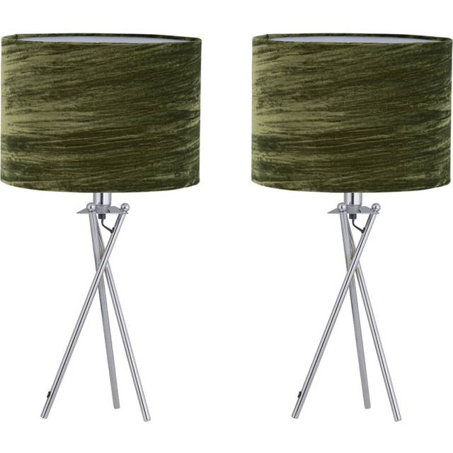 Set of 2 Chrome Tripod Table Lamps with Green Crushed Velvet Shades