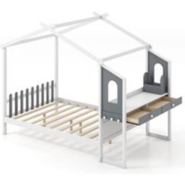 Double House Bed Frame with Desk Kids Bed with Roof Canopy & 2 Drawers - White - One Size