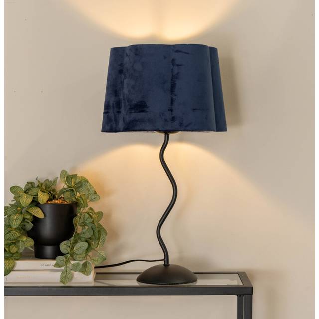ValueLights Wiggle Navy Blue Velvet Scallop Shade Black Metal Stem LED Table Lamp