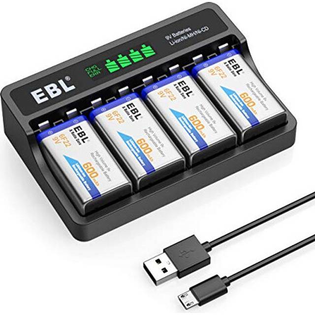 EBL 9 Volt 600mAh Rechargeable Batteries Li-ion Batteries with Smart LCD 9V Battery Charger for 9V Lithium-ion/Ni-MH/Ni-CD Rechargeable Batteries