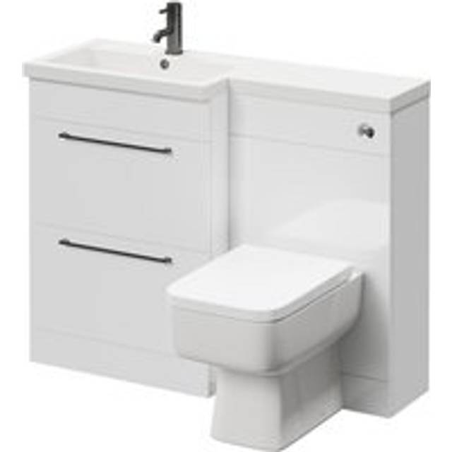 Napoli 390 Combination Vanity Unit Toilet Suite with Left Hand L Shaped 1 Tap Hole Basin and 2 Drawers with Gunmetal Grey Handles | Gloss White | ABS Polished Chrome | 1100mm